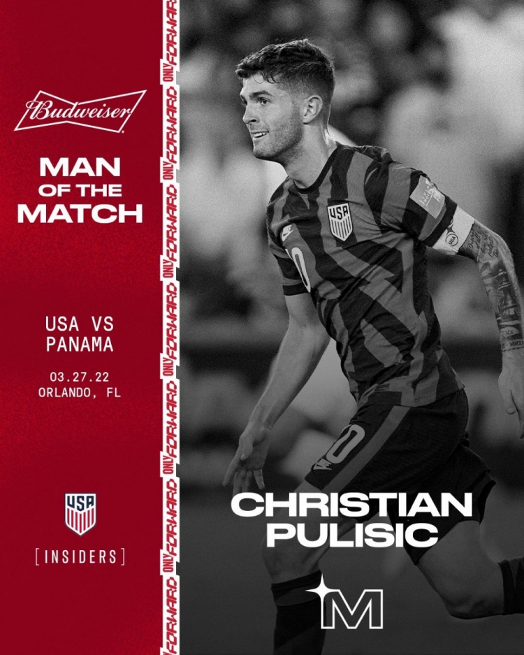 官方:普利西奇当选美国vs巴拿马全场最佳